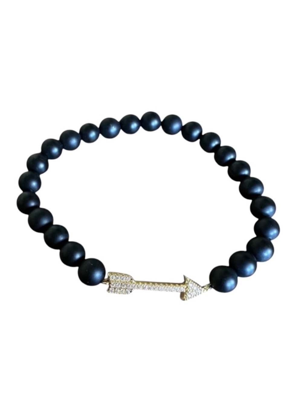 NEW Matte Onyx 6mm Beaded Stretch Bracelet Gold Arrow Pave Connector Minimalist